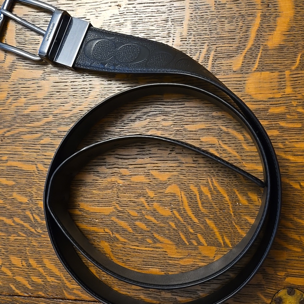 COACH HARNESS REVERSIBLE LEATHER BELT LOGO SMOOTH CALF LEATHER BLACK 1.5 IN WIDE - Picture 6 of 12
